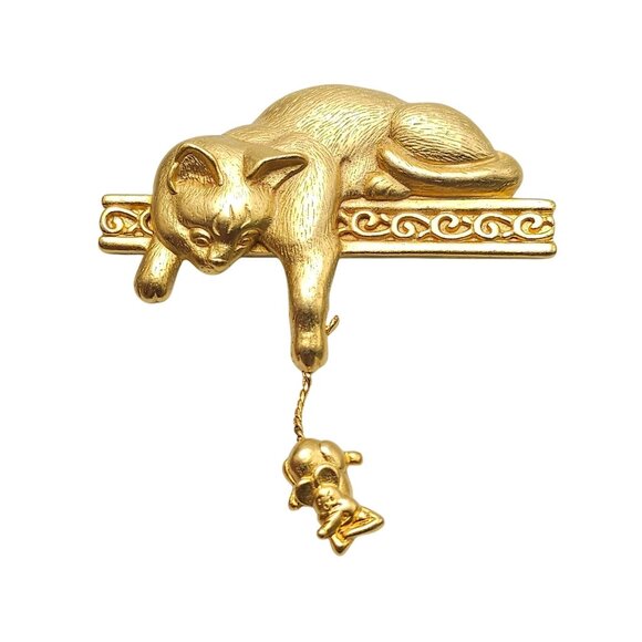 Vintage JJ Jonette Gold Tone Cat With Tail Of Mouse Figural Animal Brooch Pin - Picture 1 of 4